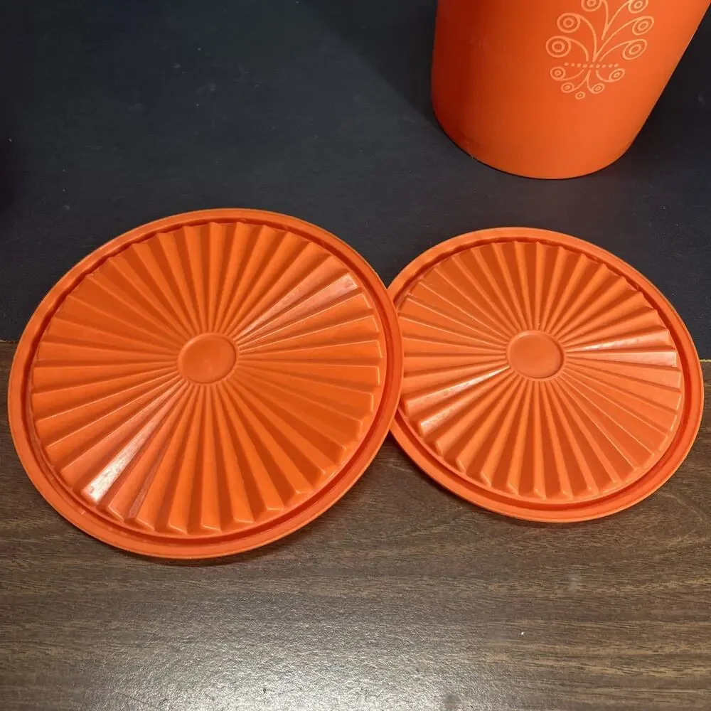 Vtg Harvest Orange Tupperware Servalier Nesting Canisters & Lids 807-7 809-10